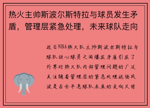 热火主帅斯波尔斯特拉与球员发生矛盾，管理层紧急处理，未来球队走向成谜